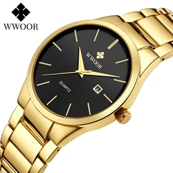 WWOOR-reloj deportivo de lujo para hombre, cronógrafo de cuarzo de acero inoxidable dorado, resistente al agua, con fecha automática