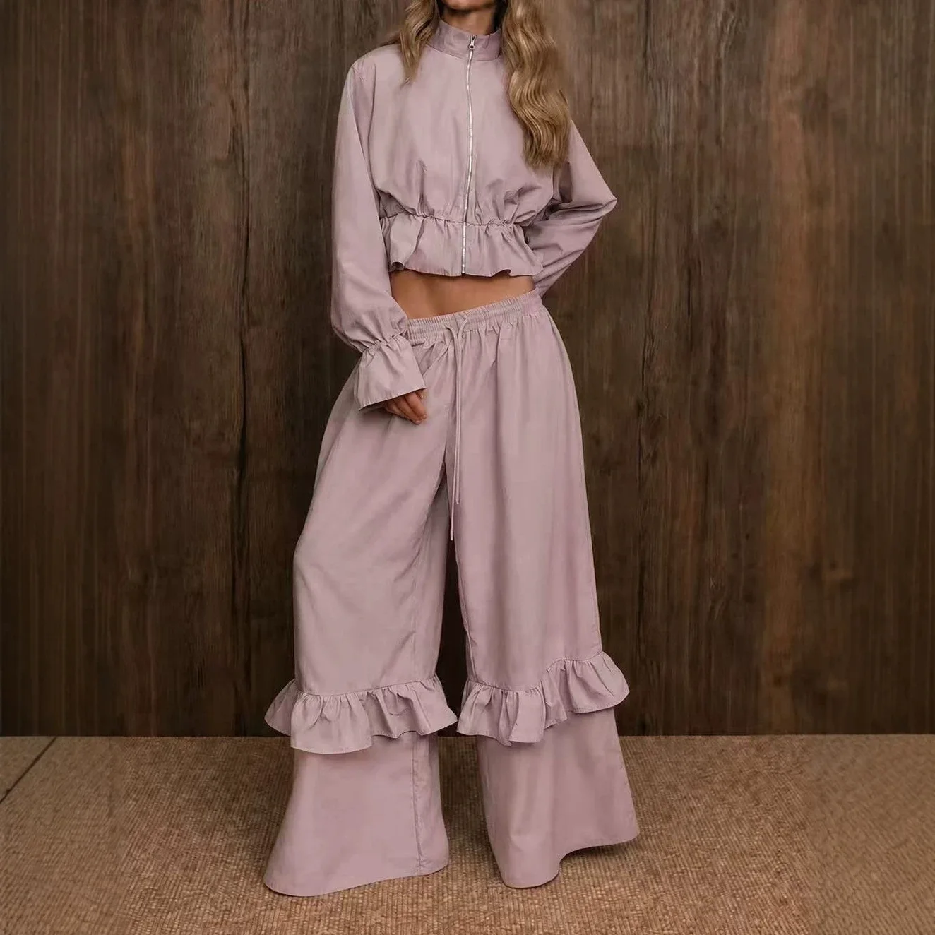 Women's Stand-up Necklace Zip-up,   Waist-cinching Top With Ruffled Hem, Loose-fitting Slimming Wide-leg Pants, Random Two-piece