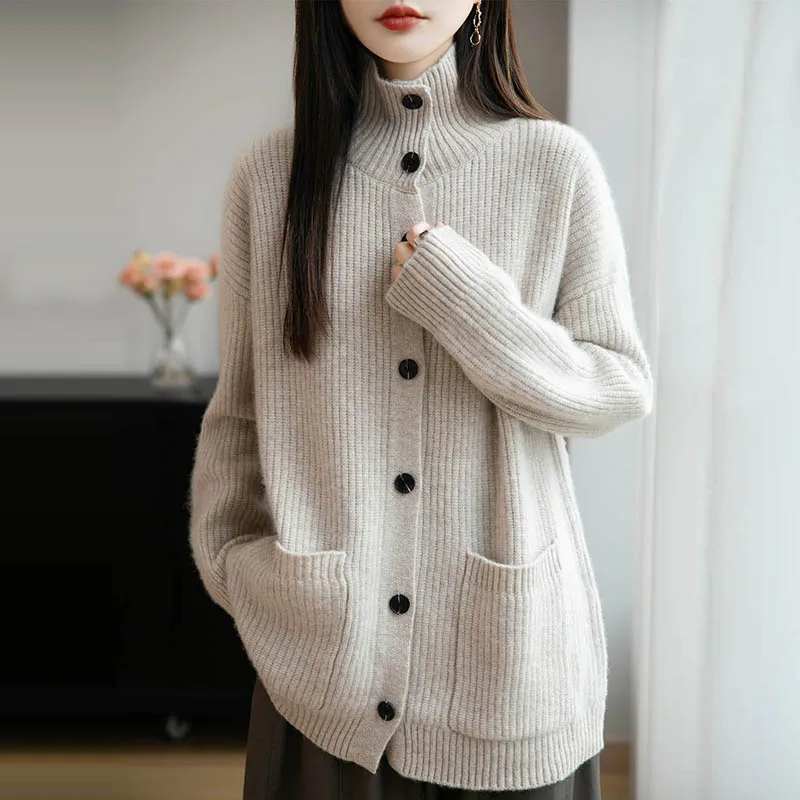 

Yoyoselect 100% Merino Wool Women's Stand Up Collar Cardigan Autumn Winter Pockets Design Sweater Loose Casual Buttoned Tops