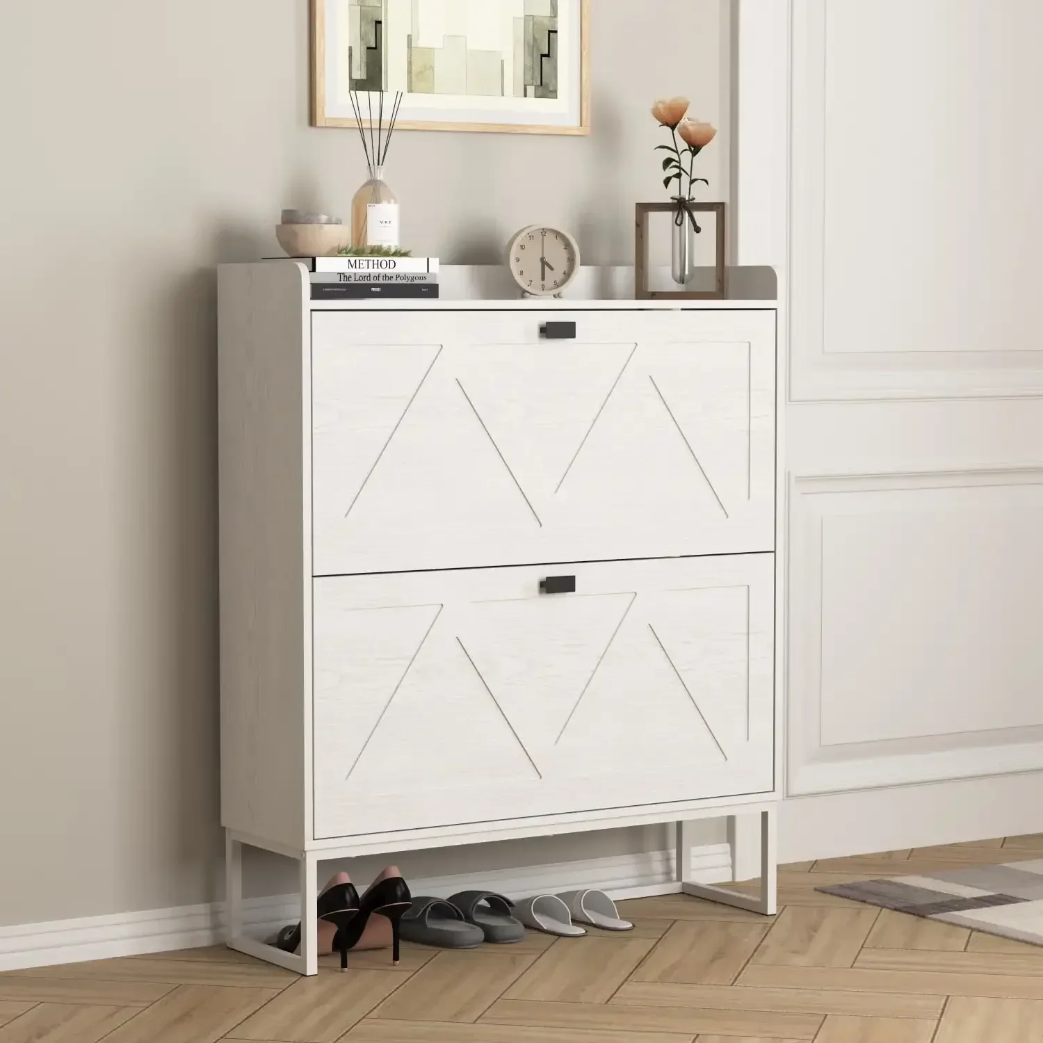 

2 Tiers Shoe Cabinet, Shoe Storage Cabinet with Black Handle, Shoe Rack Organizer Closet Living Room, up to 20 Pairs, White