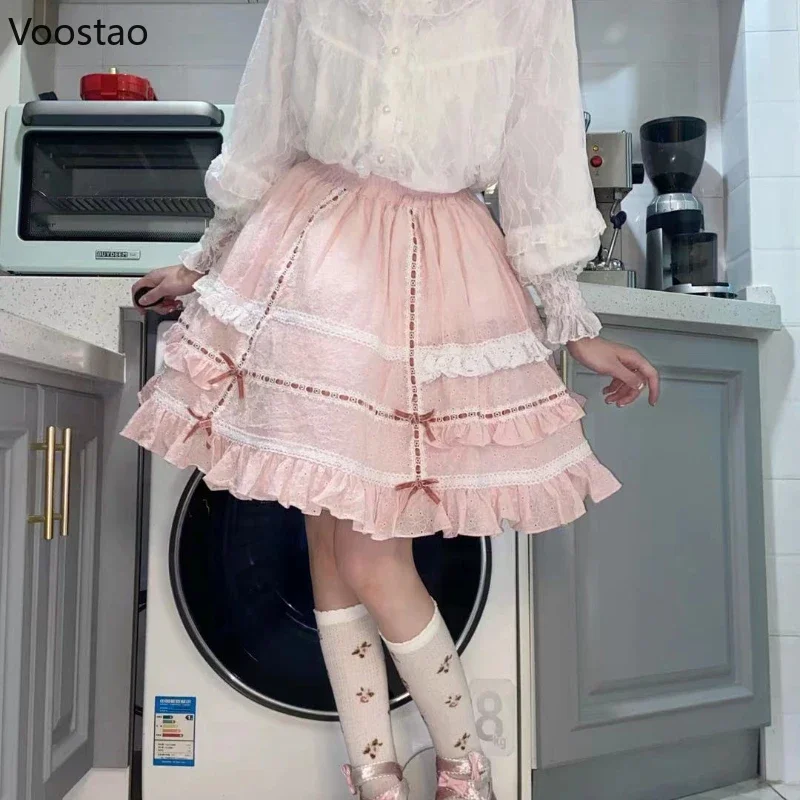 Japanese Sweet Lolita Mini Skirt Women Harajuku Kawaii Bow Lace Ruffles Party Skirts Girls Vintage Cute Ball Gown Cake Skirts