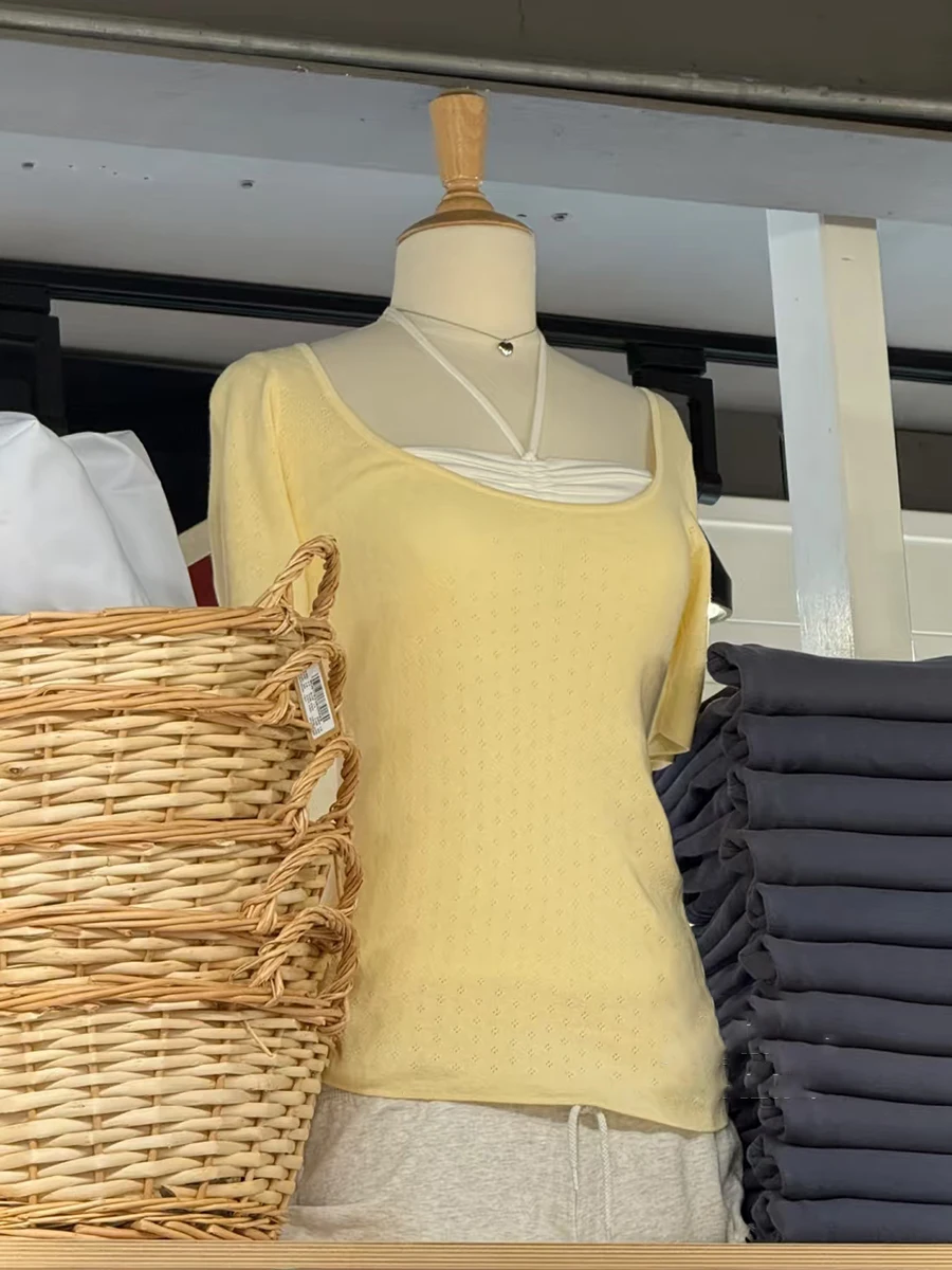 

Yellow Basic Eyelet Slim T-shirts Woman Scoop Neck Short Sleeve Cotton Tee Tops Autumn Solid Sweet Preppy Style Knitted T Shirt