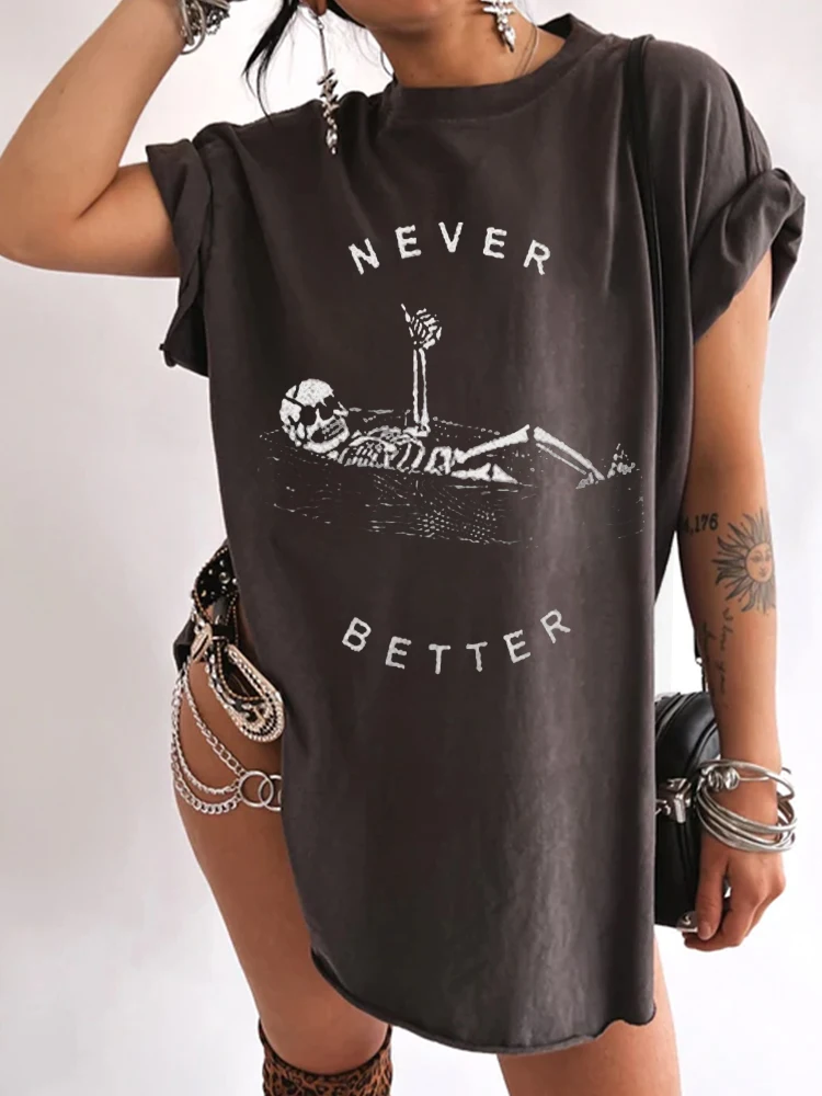 Seeyoushy Funny Skull Skeleton Never Better Print Side Slit Women T-shirts Summer Vintage T-shirt Femme Short Sleeve Top Clothes