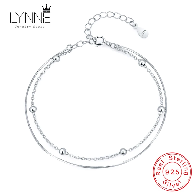 925 Sterling Silver Elegant Small Bead Snake Chain Double Layer Anklets Women Jewelry Gift Fashion Beach Multilayers Foot Chain