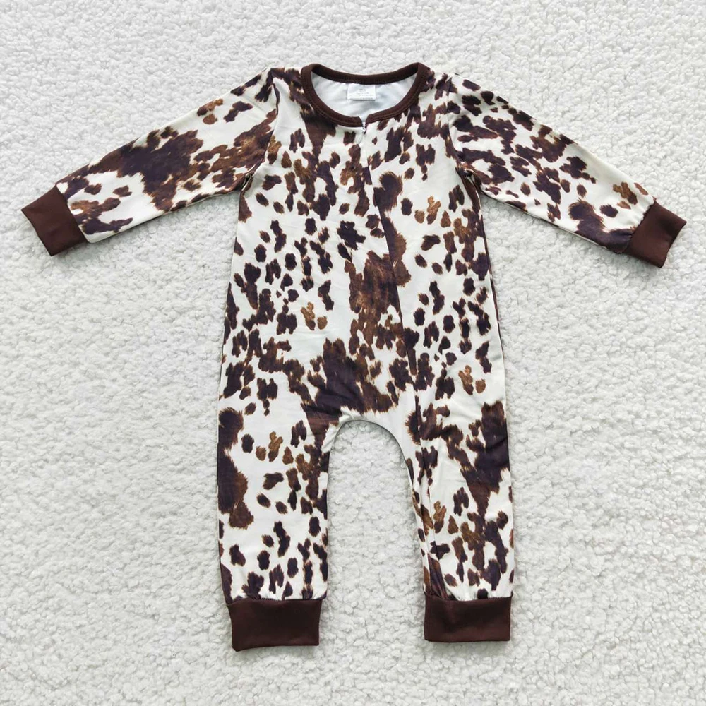 

Wholesale Newborn Baby Boy Long Sleeves Toddler Western Zipper Brown Cow Print Jumpsuit Kid Children Sping Fall One-piece Romper