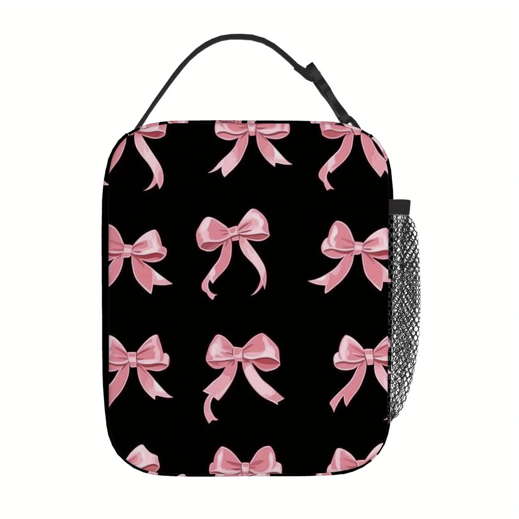 1pc, Featuring Pink Bows Against a Black Backdrop. This Printed Thermal Bag Is Insulated And Designed for Non-Food Contact, Maki