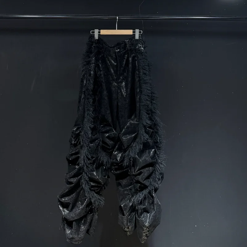 

MWJLPWQ Dark Style Heavy Pleated Loose Casual Trousers Men Black Fur Tassel Design High Street Spring New Flared Pants 13083