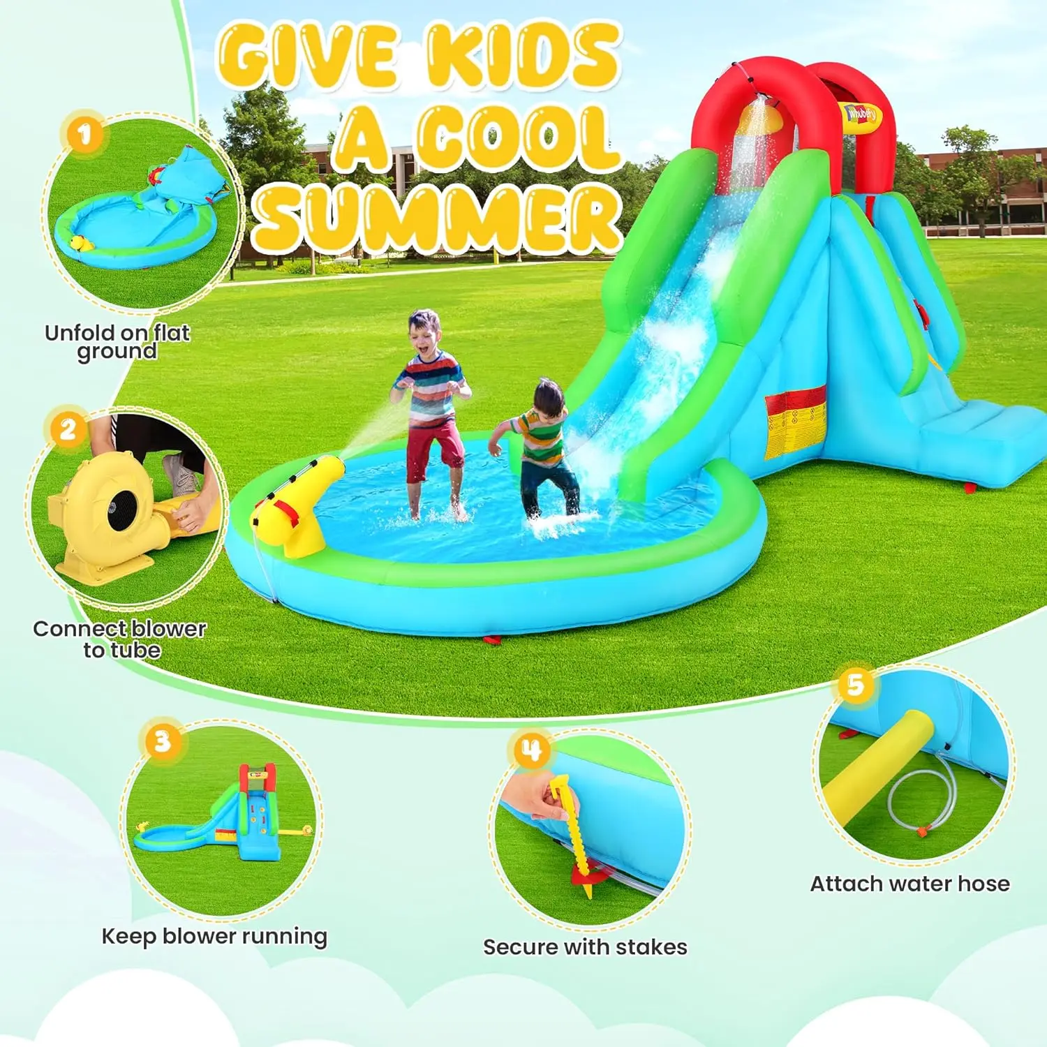 Zjeżdżalnia wodna, nadmuchiwana zjeżdżalnia wodna Park Bounce House dla dzieci 3-6 z dmuchawą, basen dmuchany, zraszaczem, nadmuchiwanym pingwinem D
