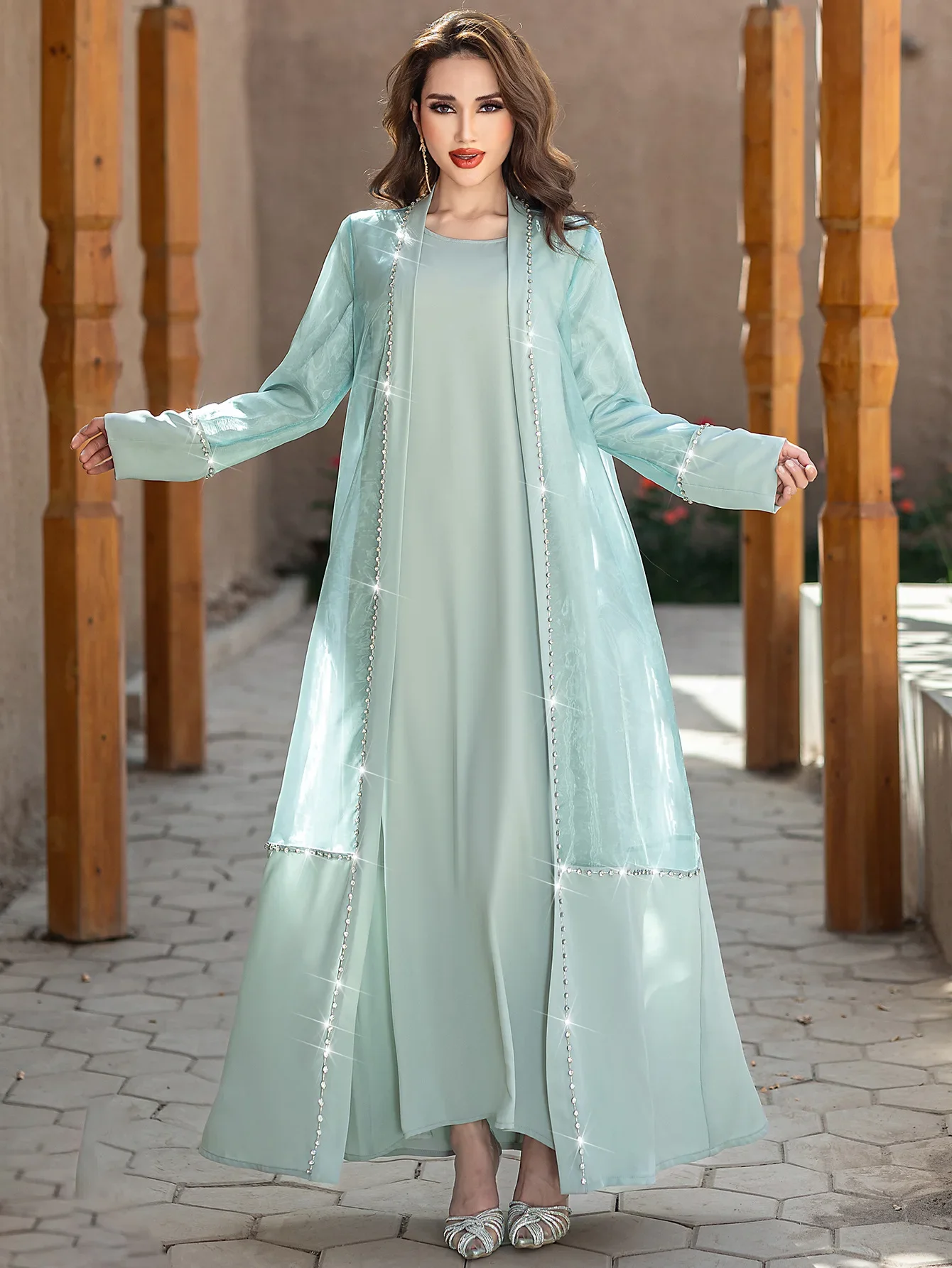 ชุดสตรี Abaya 2 ชิ้นชุด Eid มุสลิมโมร็อกโก Kaftan Vestidos Largos Ramadan Party Caftan Robe Jalabiya เพชรเสื้อสเวตเตอร์ถัก 2025