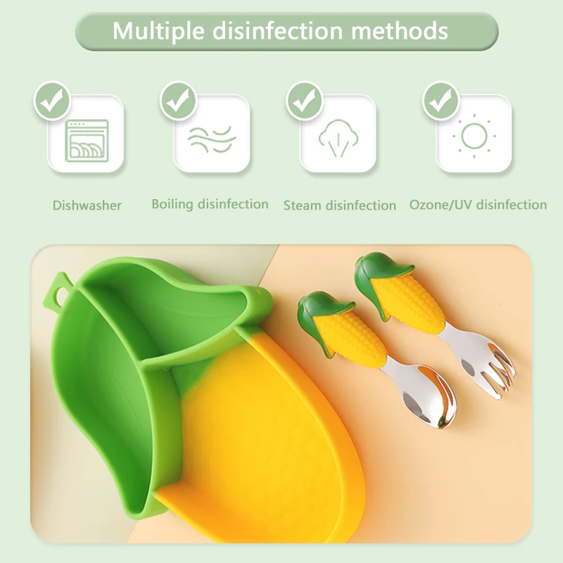 Silicone Baby feeding Dish Set Food Grade Corn Style Suction Children Tableware for Kids Divided Food Plate 304 Fork Spoon Set