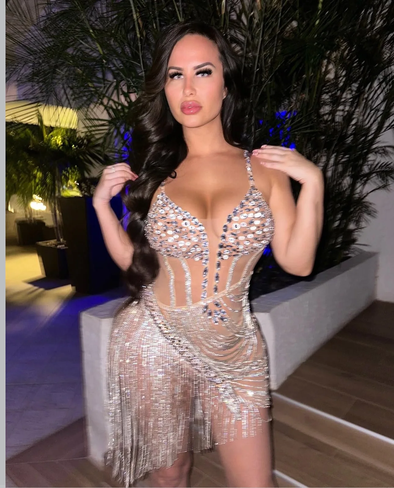

Women Luxury Diamonds Beading Tassel See Through Shinning Bodycon Mini Evening Club Party Nightwears Showgirl Stage Costumes
