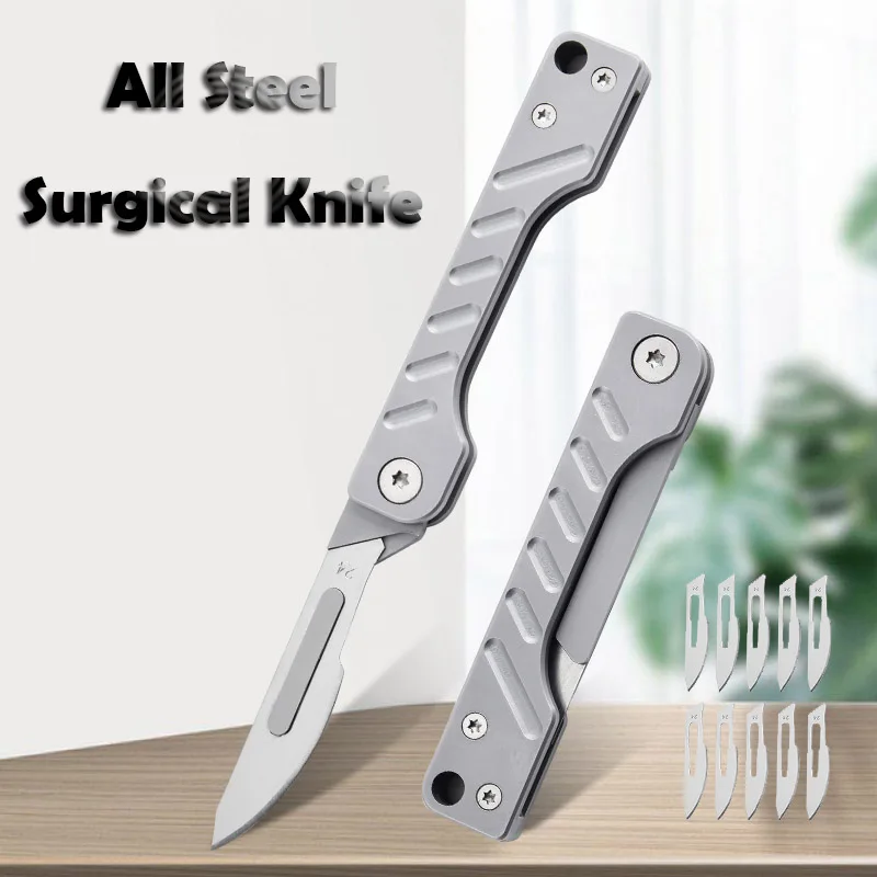 EDC Stainless Steel Scalpel Folding Knife Utility Knife Mini Folding Keychain Scalpel EDC Courier Opening Knifves 10 Blades