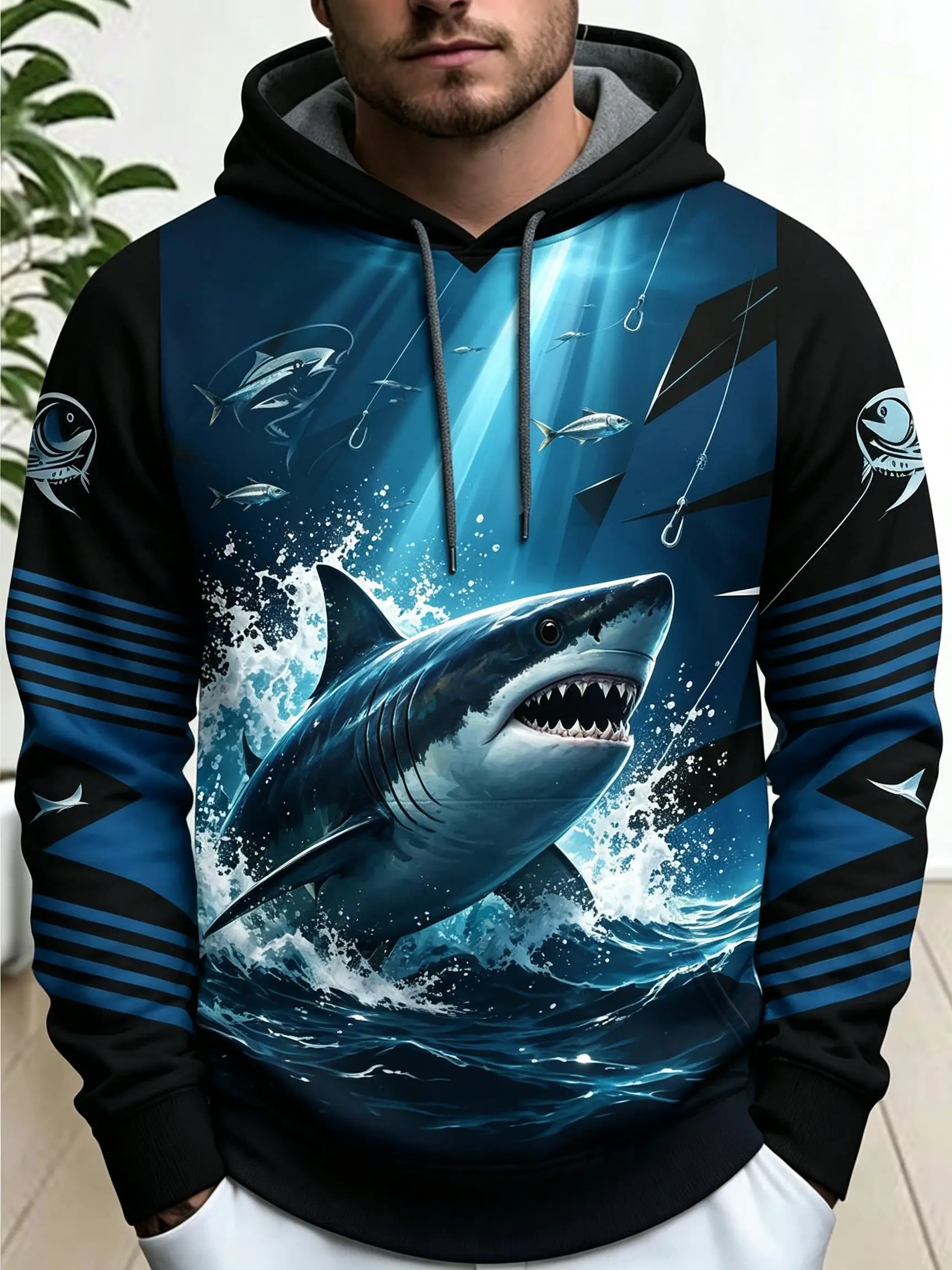 2026 Men Thin Sweatshirt Autumn Winter Hoodie Marlin Fish Ocean Water Splash Print Long Sleeve Male Pullover Tops Men's Clothes