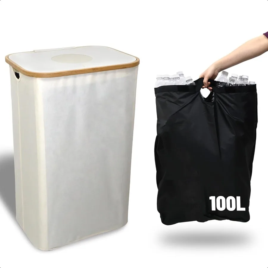 

26-галонная корзина для переработки с крышкой для кухни. Большой мусорный бак с двойными многоразовыми внутренними мешками для бутылок. Банки из стекла и пластика.