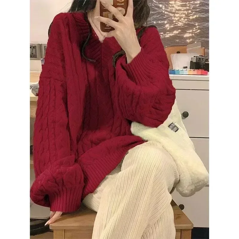 Winter Knitted Sweater Women Korean Fashion Solid Color Oversized Pullover Female Casual Loose Long Sleeve V Neck Y2k Clothes