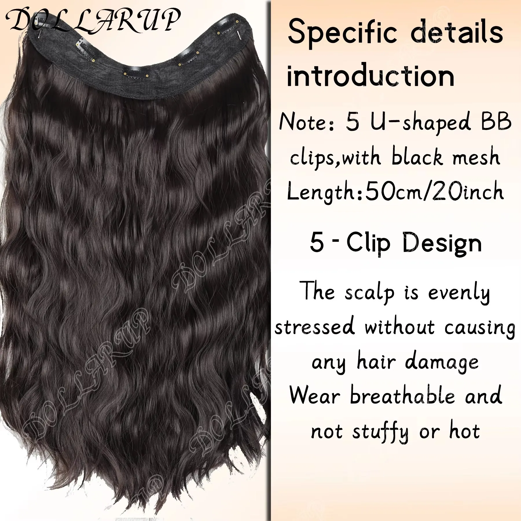 JKL Synthetic Long Wavy Curly 5 Clip in Hair Extension V-shaped Heat Resistant Black Blonde Hairpiece for Women