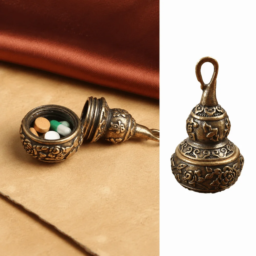 Brass Material Gourd Pendant Charm Engraved Chinese Fu Detachable Structure Openable Calabash Charm Hollow Design
