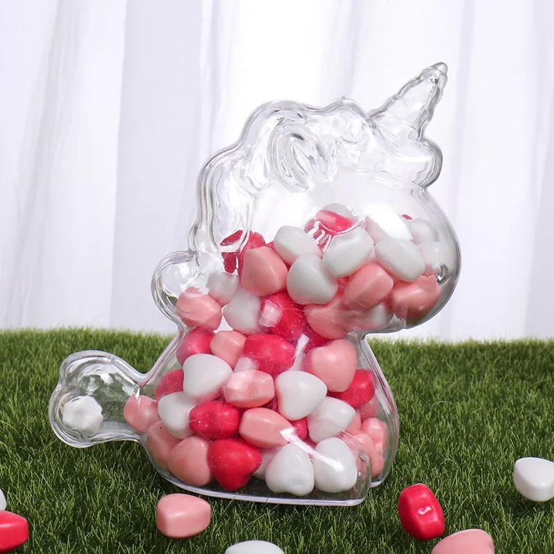 Cajas de dulces con forma de unicornio de plástico transparente, caja de embalaje de regalo para aperitivos, decoración para fiesta de boda, cumpleaños, Baby Shower, 6 uds.