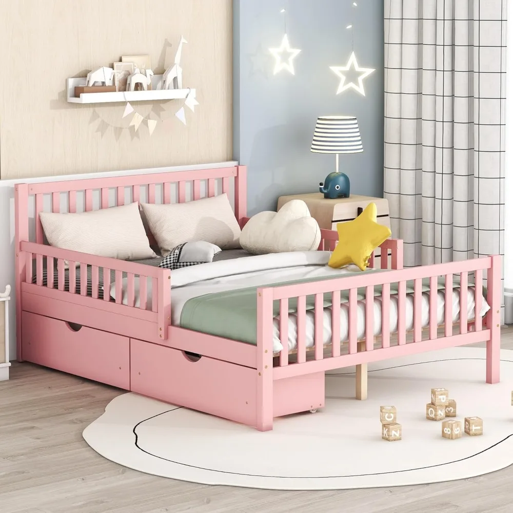 Full Bed Frame with Storage Drawers and Both Sides Guardrails, Headboard and Slat Support, Kids Platform Bed Frame