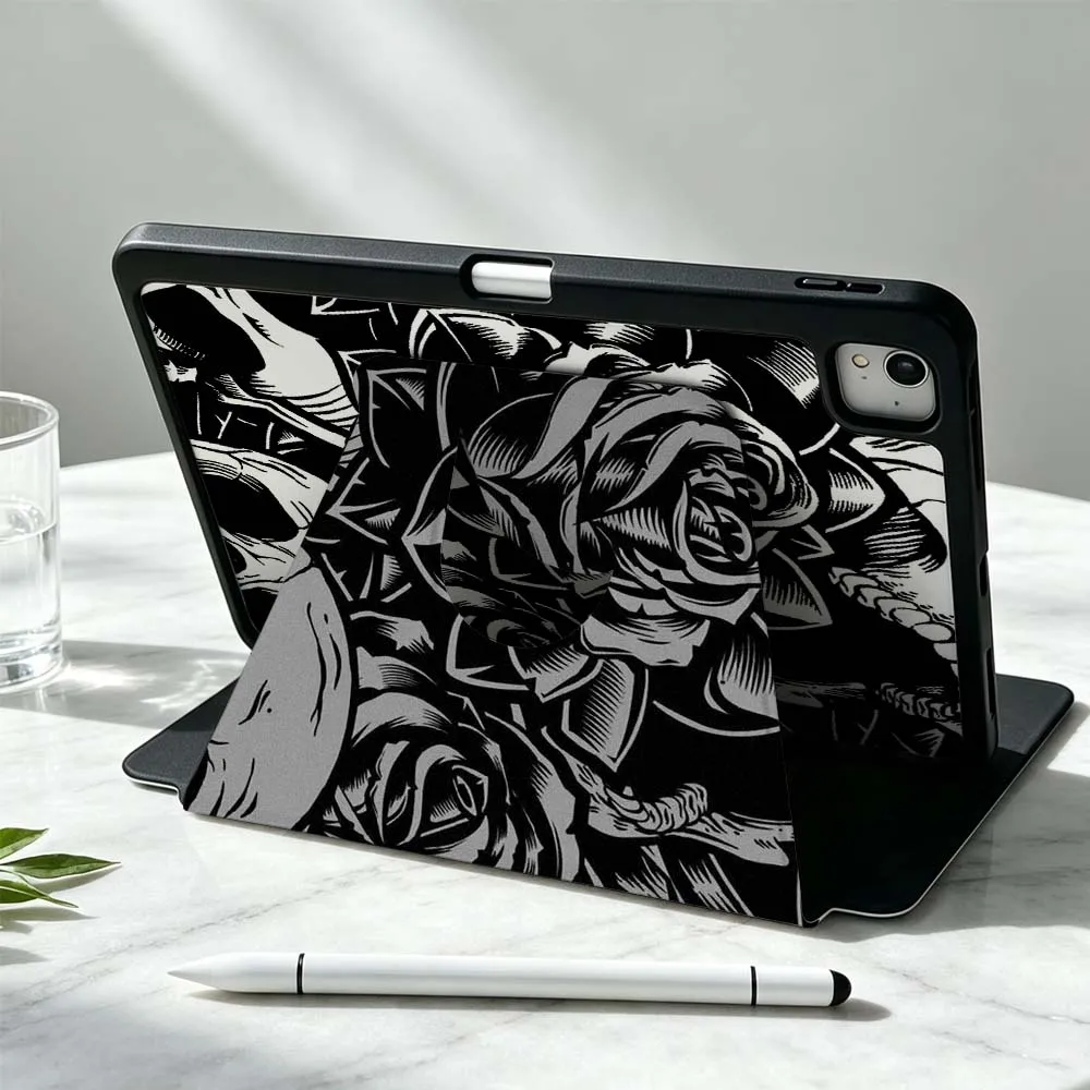Floral Skull Pattern For iPad Pro Air mini 6 5 4 12th M5 M4 M3 M2 A16 A17Pro 360° Rotation Stylus Storage Tablet Case Soft