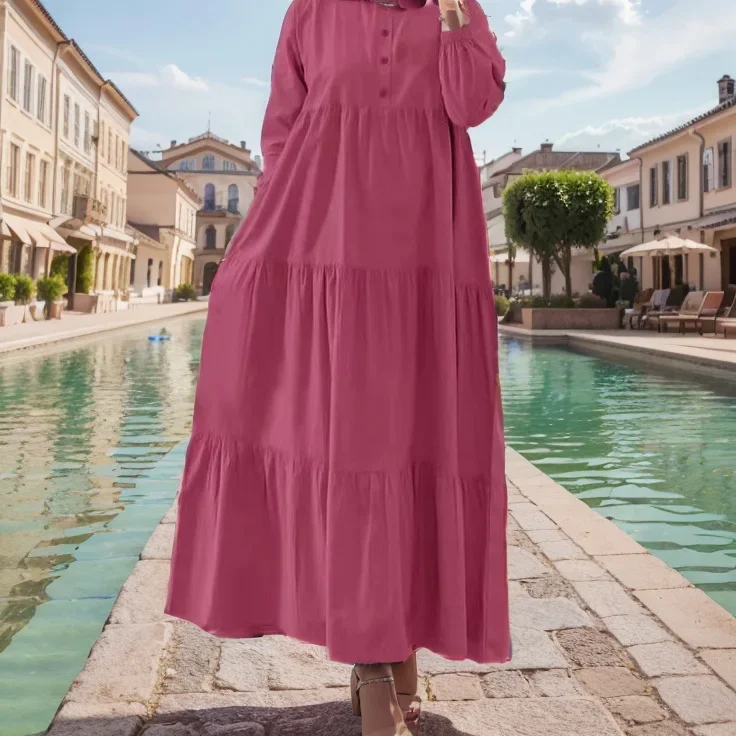 Vintage Solid Ruffles Hem Sundress Robe Femme Turkey Vestido Kaftan Women Fashion O Neck Long Sleeve Muslim Abaya Dress