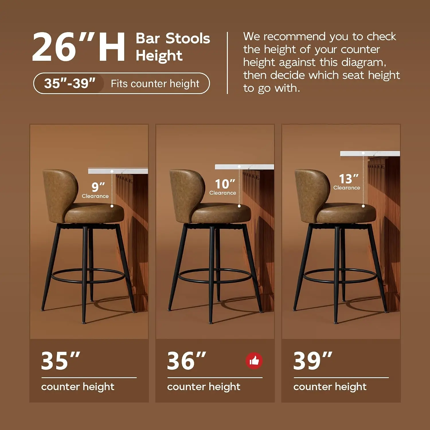 26" Swivel Leather Bar Stools Set of 4 with Back & Footrest Metal Legs for Kitchen Island Home Bar Dining Room, Custom image 5