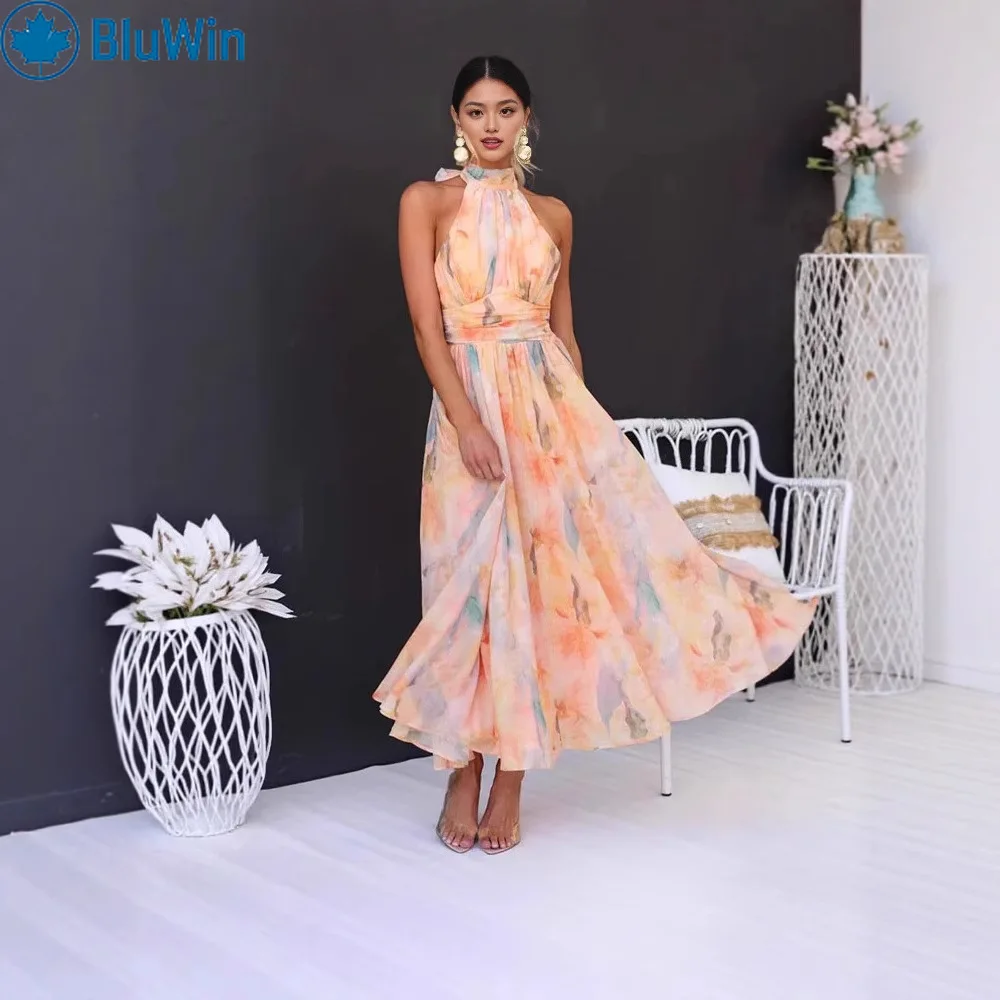 Sukienka BluWin&ZAF w stylu francuskim, kwiatowa, dopaminowa, damska, kolorowa sukienka maxi na ramiączkach, elegancka letnia sukienka na imprezę.