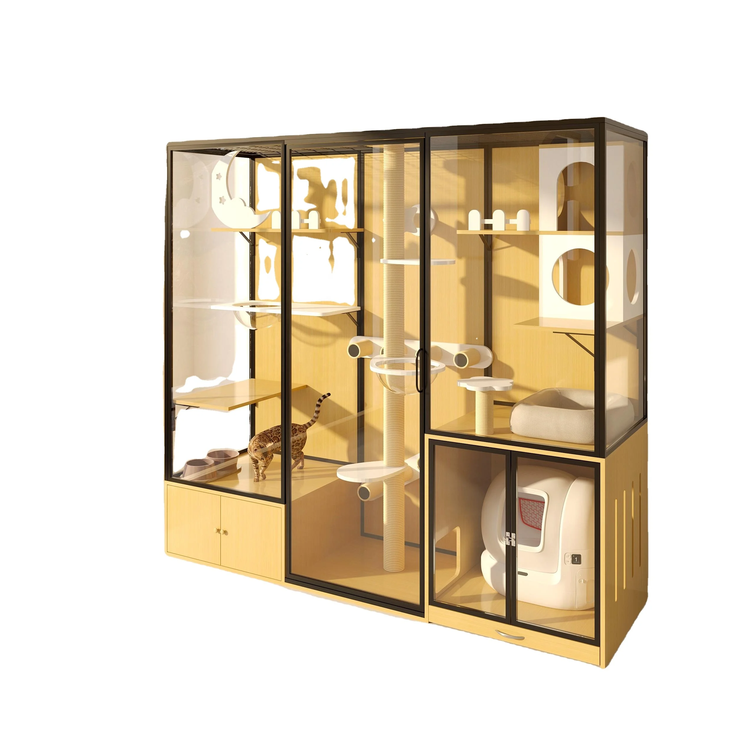 

Новый дизайн, Китайский производитель, роскошный дисплей, мебель для домашних животных, клетка для кошек, твердая древесина, закаленное стекло, вилла для кошек, домашний домик для кошек, вилла