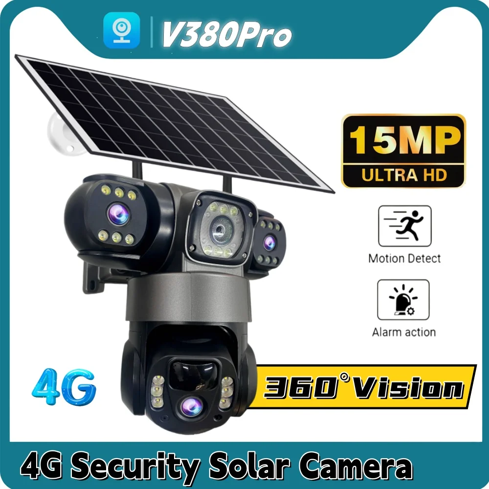 4G Solar Monitor Camera Outdoor Plugless 360° Field of View 15MP Triple Lens Monitor Remote PIR Motion Detection Security CCTV