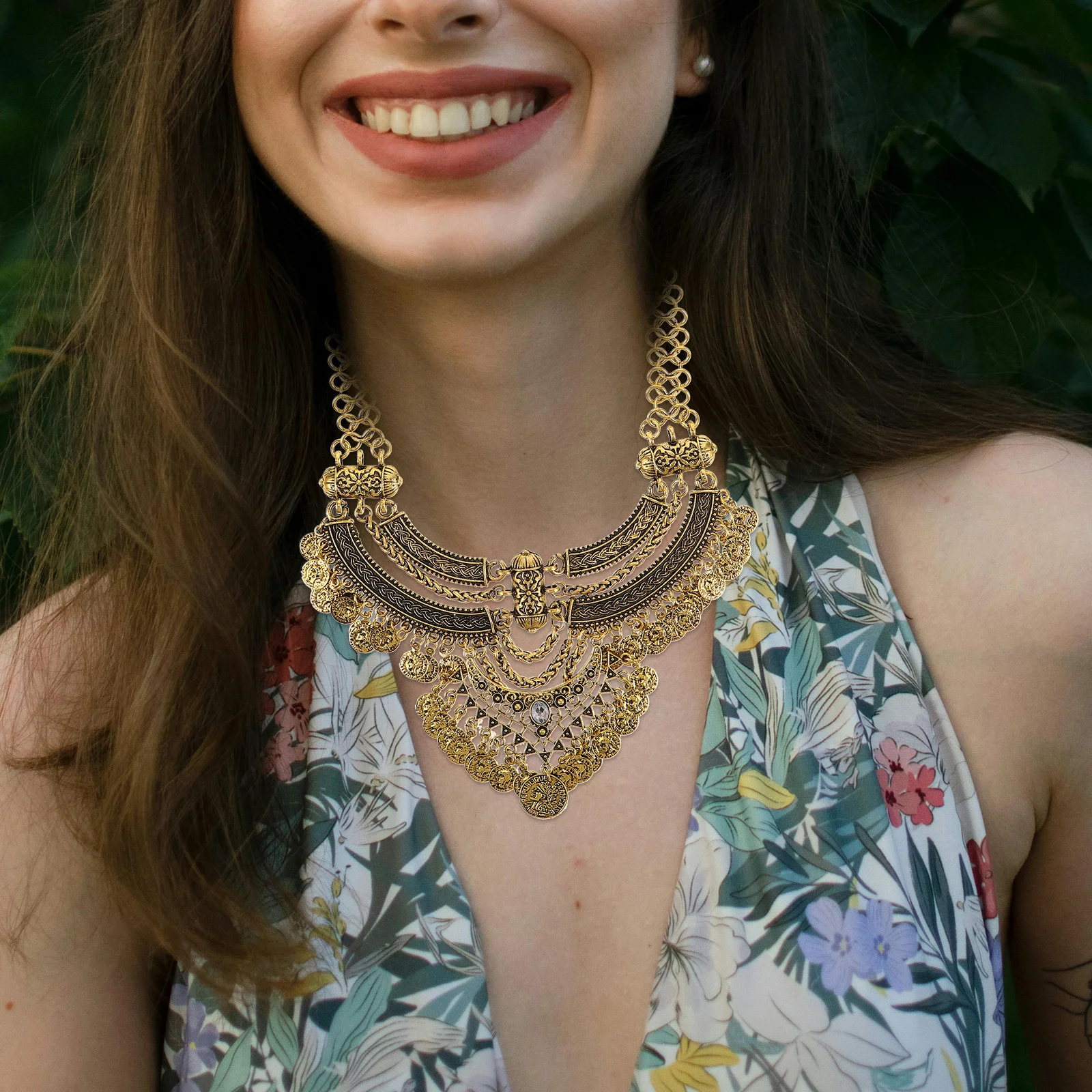 

1Set Punk Bohemian Necklace Set Ethnic Statement Chunky Bib Necklace Earrings Combo Fashion Jewelry for Office Outdoor