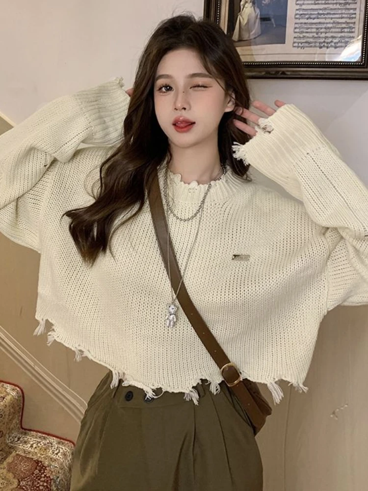 Crop Ripped Pullovers Women Autumn New Streetwear Retro Young Fashion Girls All-match Simple Loose Hot Lady Long Sleeve Sweaters