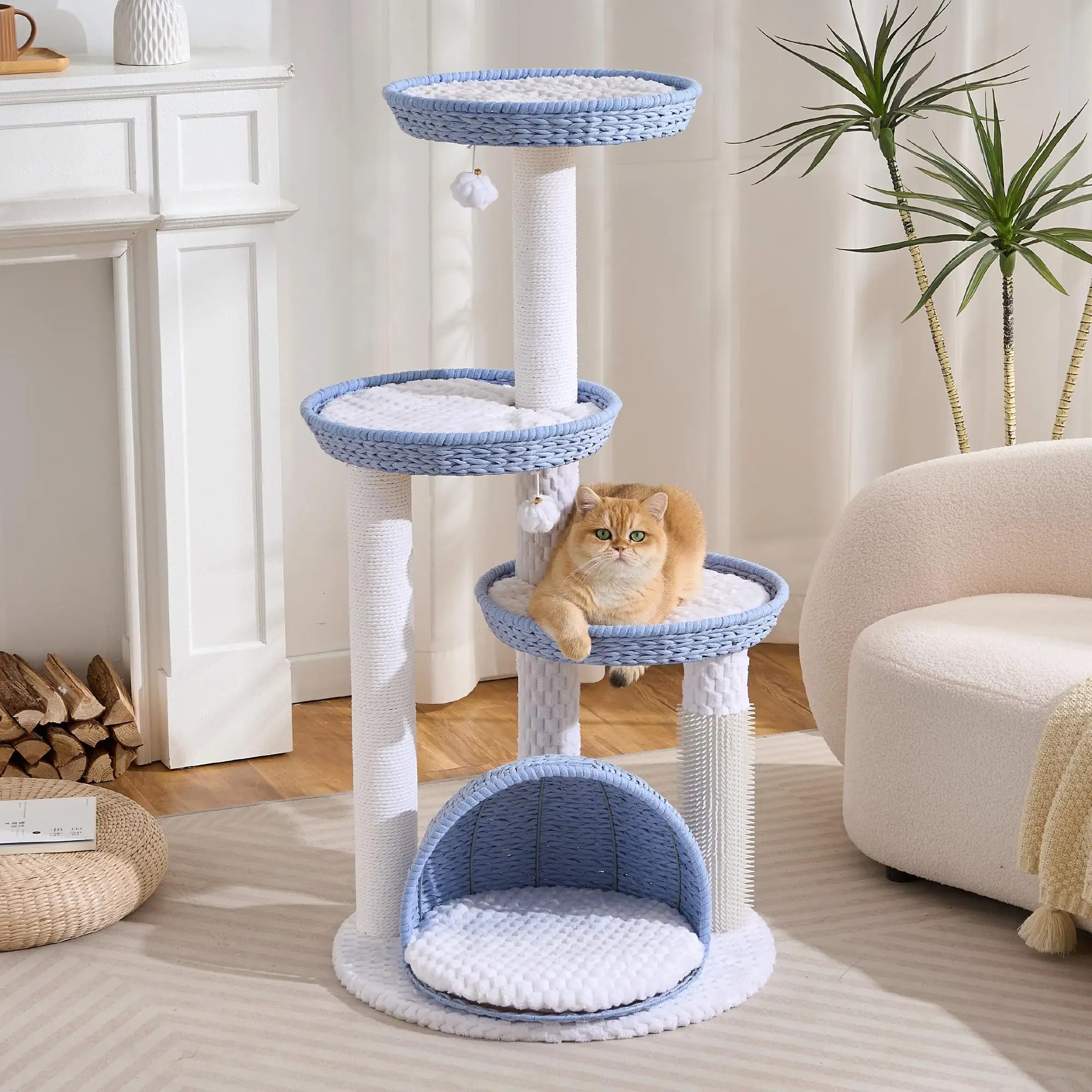 Modern Cat Tree Tower with Scratching Post, 46 Inches Tall Towers with Woven Cat Nests and Cave, Multi-Level