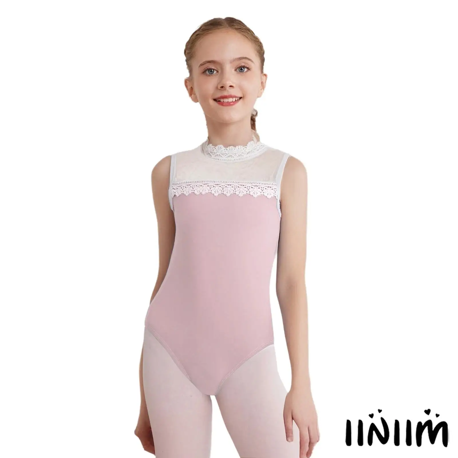 

Girls Elegant Lace Collar Ballet Leotard Sleeveless Jacquard Mesh Dancewear with Buttons Closure for Ballet Gymnastics Training