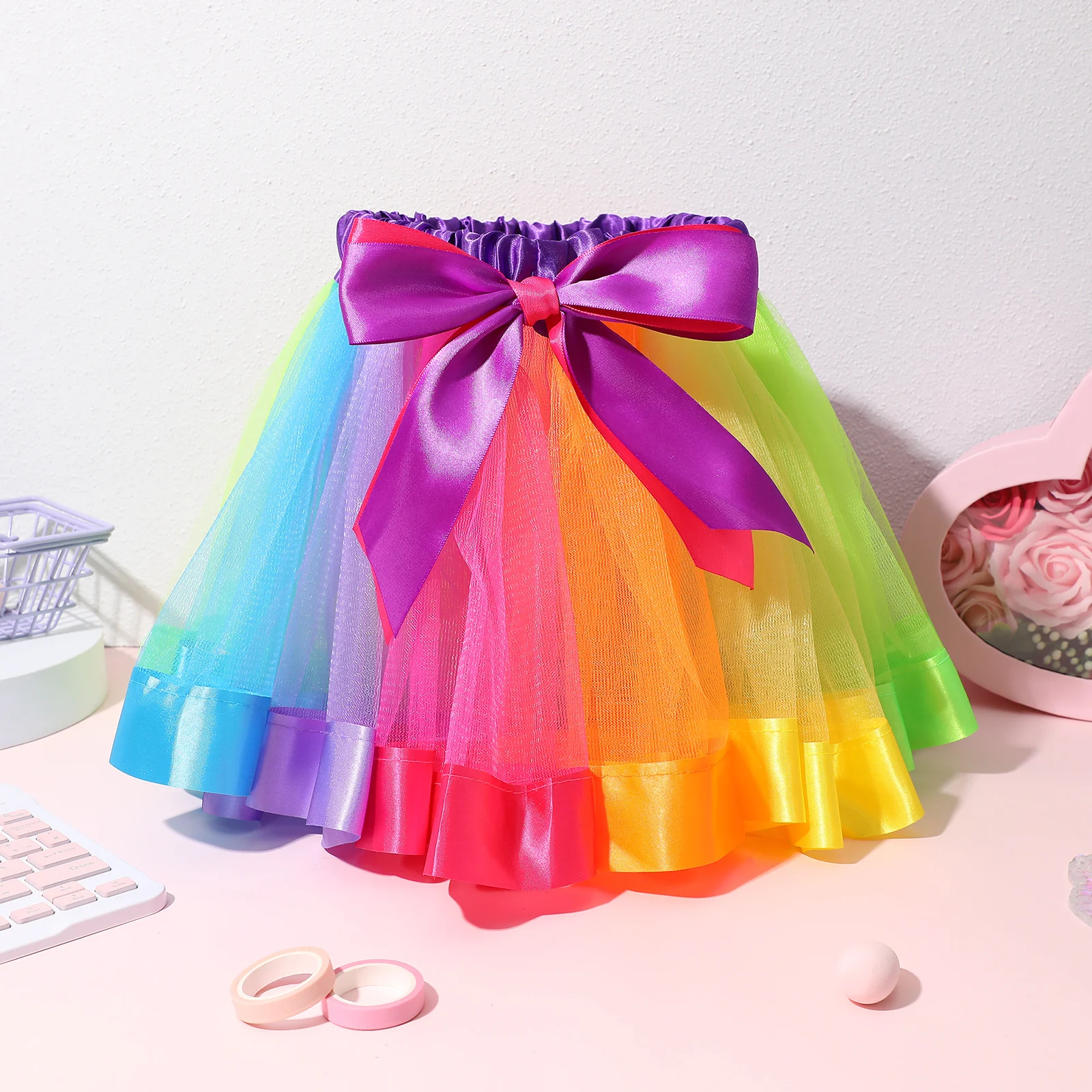 

Girls Layered Rainbow Tutu Skirt Elastic Waist Ballet Dance Dress Bowknot Ribbon for Performance Party 4-6 Years