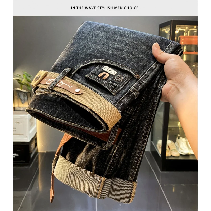 

Мужская одежда, уличная одежда, мужские джинсы скинни с поясом2025, осенние новые эластичные повседневные стильные длинные брюки высокого класса