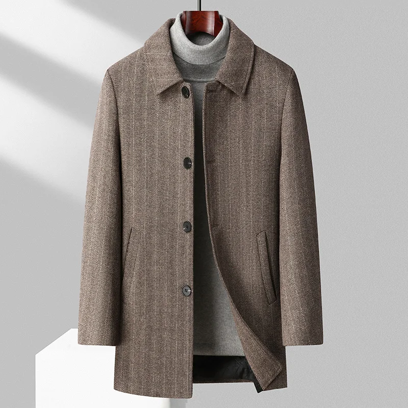 

Winter Men Wool Blend Overcoat Quiet Luxury Woolen Coat Classic Stripes Black Grey Camel Outwear Old Money Outfits Effortlessly