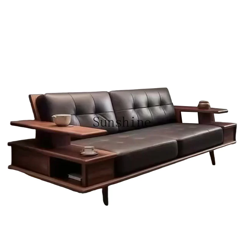 Solid wood living room modern simple light luxury leather black walnut three-person sofa