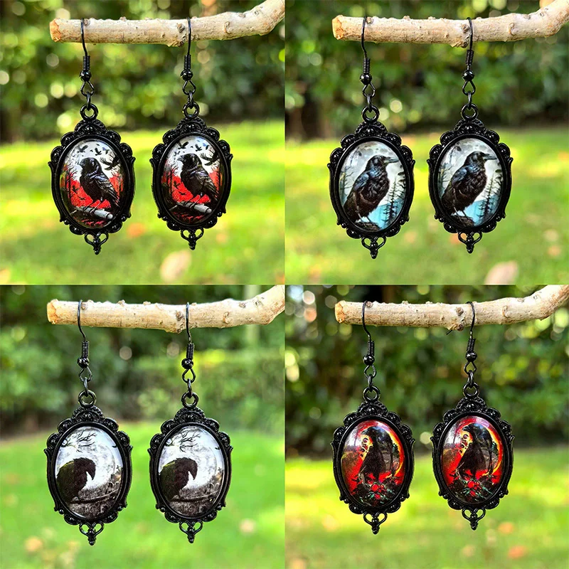 

New Halloween Earrings Black Crow Cat Time Stone Pendant Earrings Gothic Dark Series Halloween Decoration Gift
