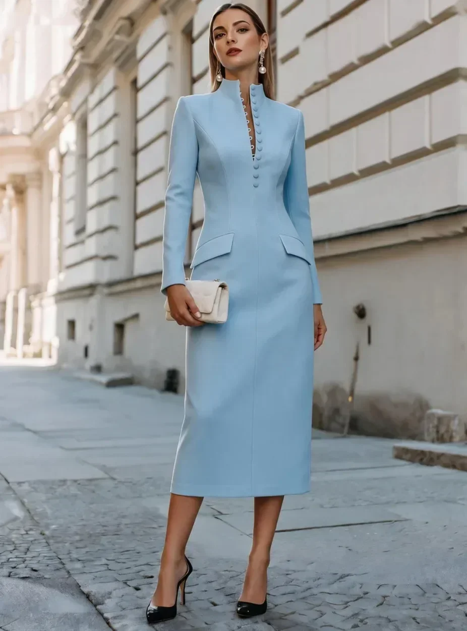 2026 New Elegant Ladies Stand Neck Pencil Dress Long Sleeve Solid Color Button Detail Midi Work Dress