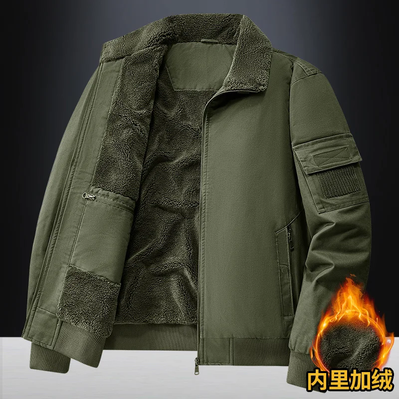 

Autumn Winter Fleece Jacket Men Retro Windbreaker Parka Men's Climbing Loose Casual Wool Collar Windproof Pilot Cotton Coat