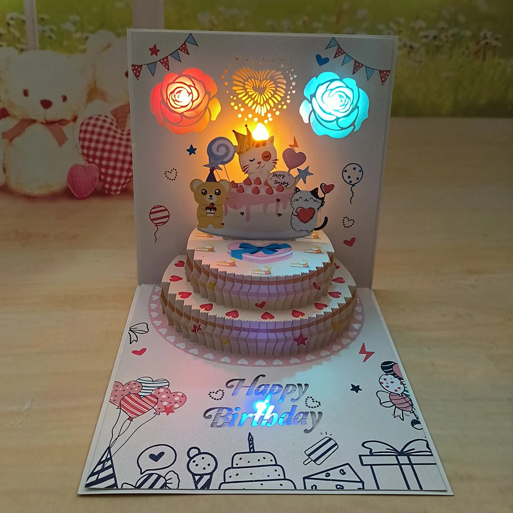 

Cat Birthday Cake 3D Pop-Up Card with Sound, Music, and Lights—Foldable Gift for Kids and Best Friends