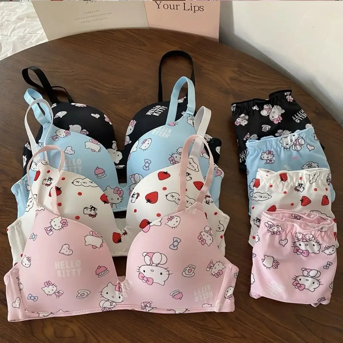 Kawaii Hello Kitty Girly Heart Undergarments Anime Sanrio Cute Ktcat Sweet Cartoon Comforts Bra Set Girls Clothes