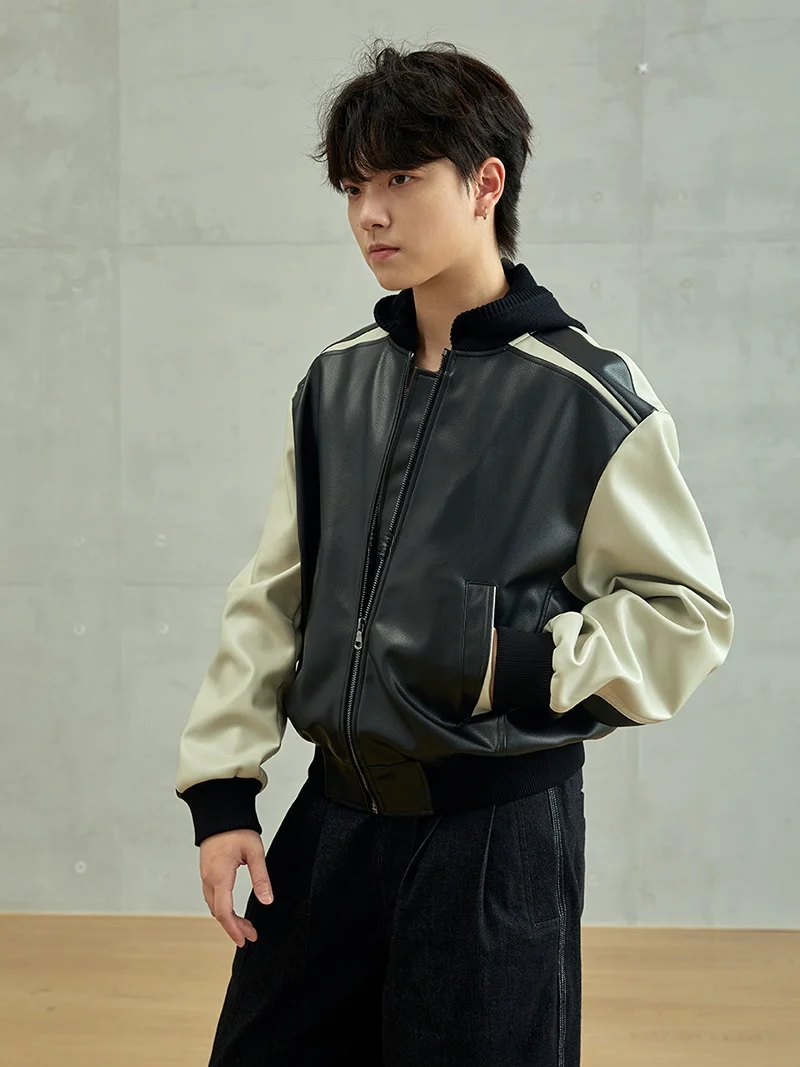 

Hier out Closet Small Size Neutral Sle Pu Leather Patchwork Knitted Hat Split Design Baseball Jaet Leather Coat