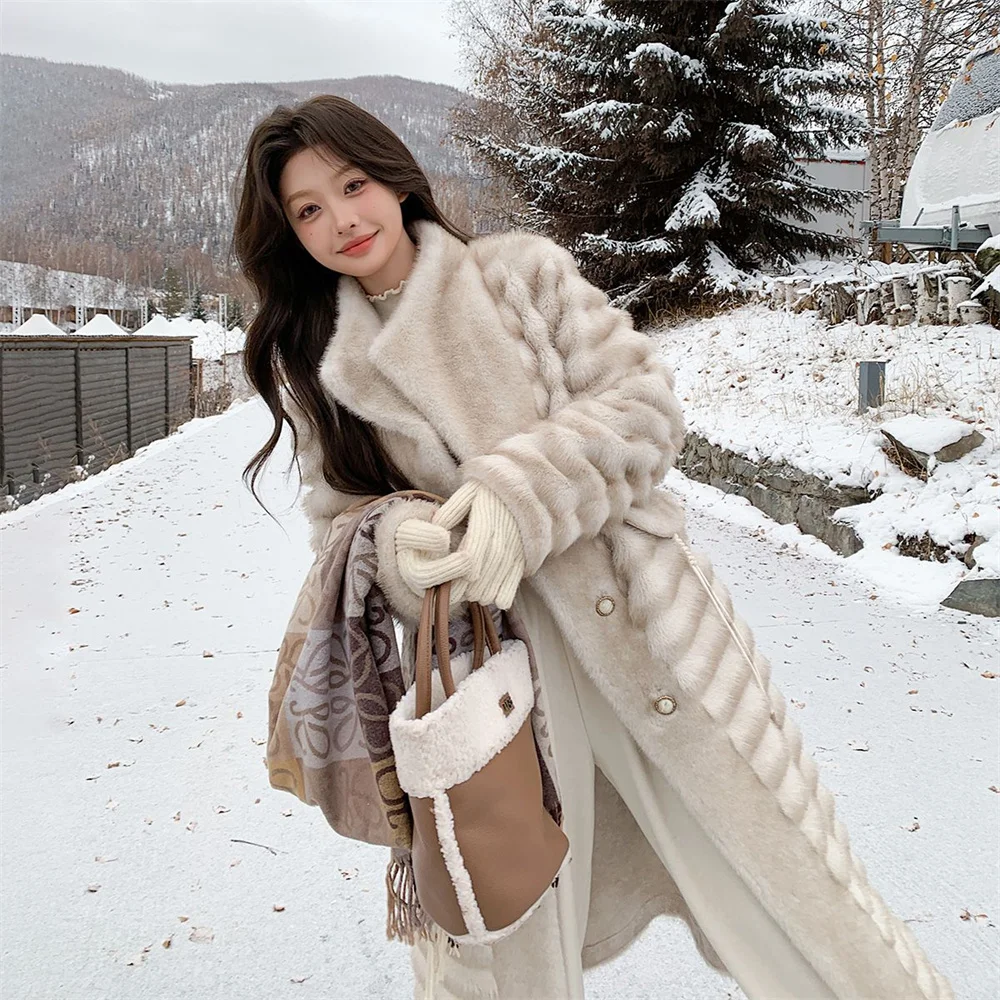 Fashion Lapel Long Faux Mink Fur Coat Woman Winter Coats Thick Warm Furry Fur Jacket Faux Fur Outerwears New In Coats Jackets