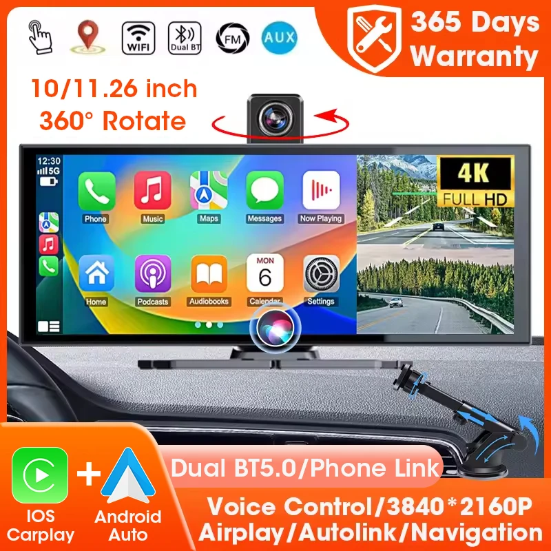 11.26 inch 360° Rotate Car DVR 4K Len Wireless Carplay Android Auto Ai Screen Dash Cam 1080P Rear Camera Navigation Video Record