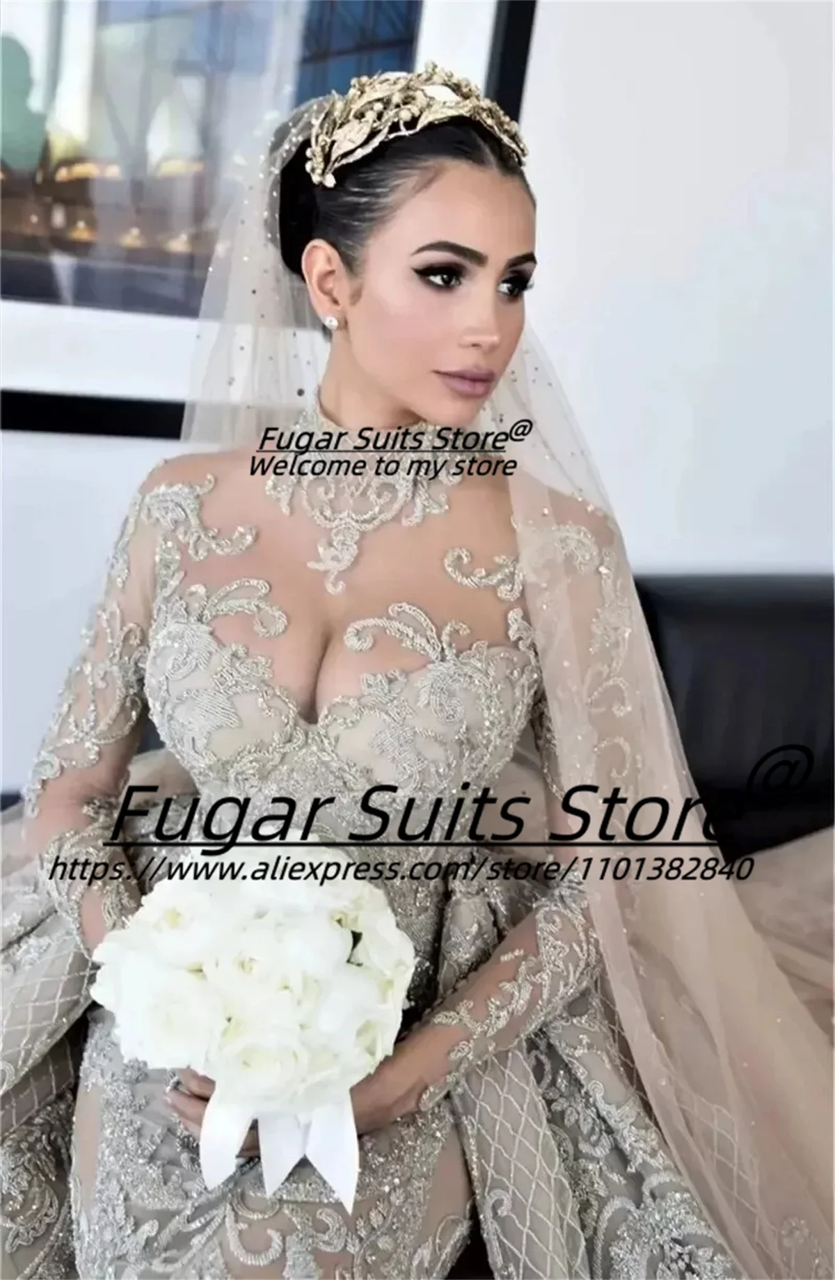 Luxe Elegante Zeemeermin Trouwjurken Hoge Hals Lange Mouwen Glanzende Kristallen Kralen Bruids Prom Avondjurk Vestidos De Novia