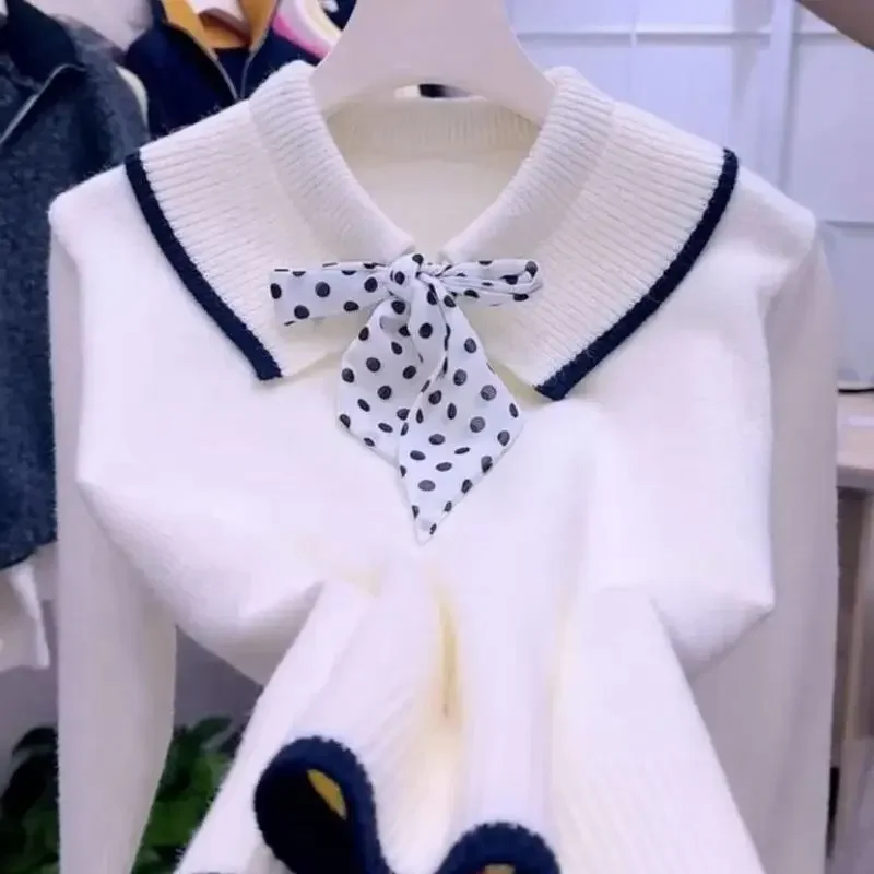 

Japanese Style Cashmere Splicing Sweater Women 2025 New Spring Polo Collar Bow Tie Pullover Knitwear Casual Long Sleeve Tops