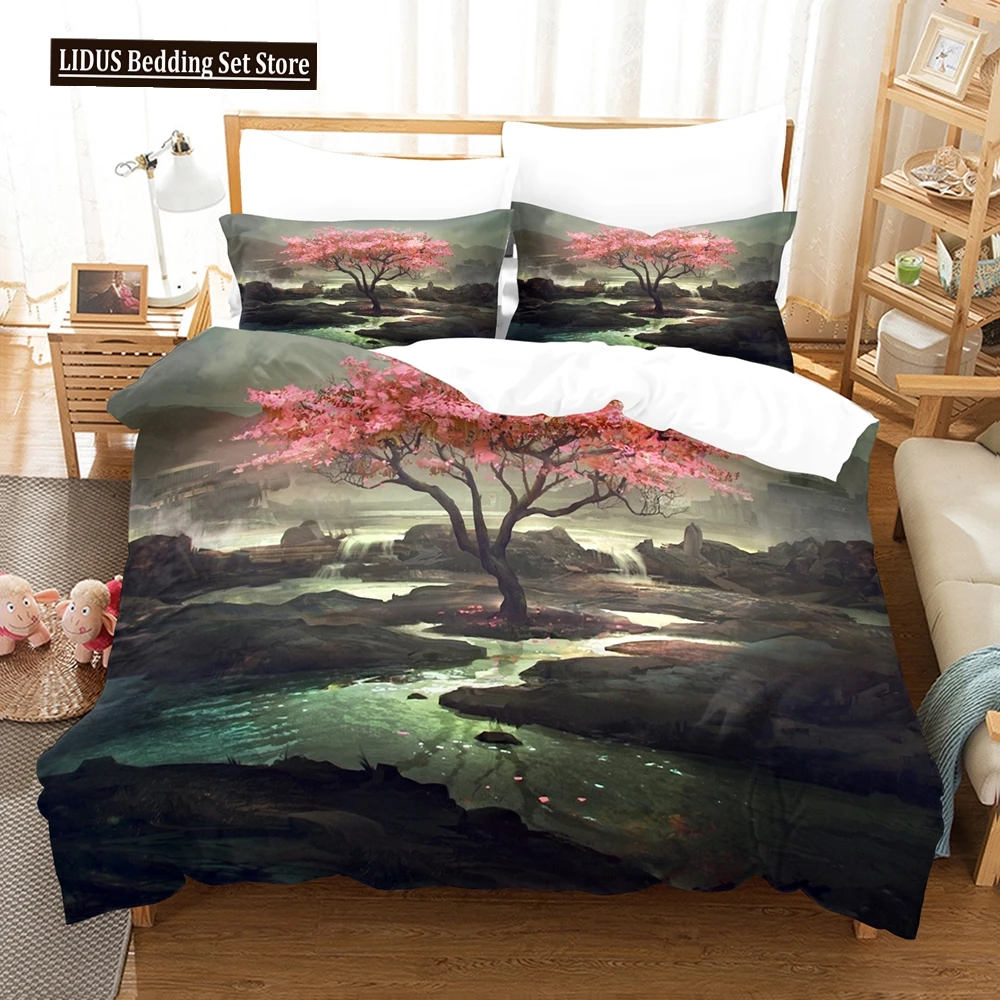 

Cherry Blossoms Tree Duvet Cover Set Pink Flower Landscape Comforter Cover With Pillowcase King Size Bedding Set For Girls Kids