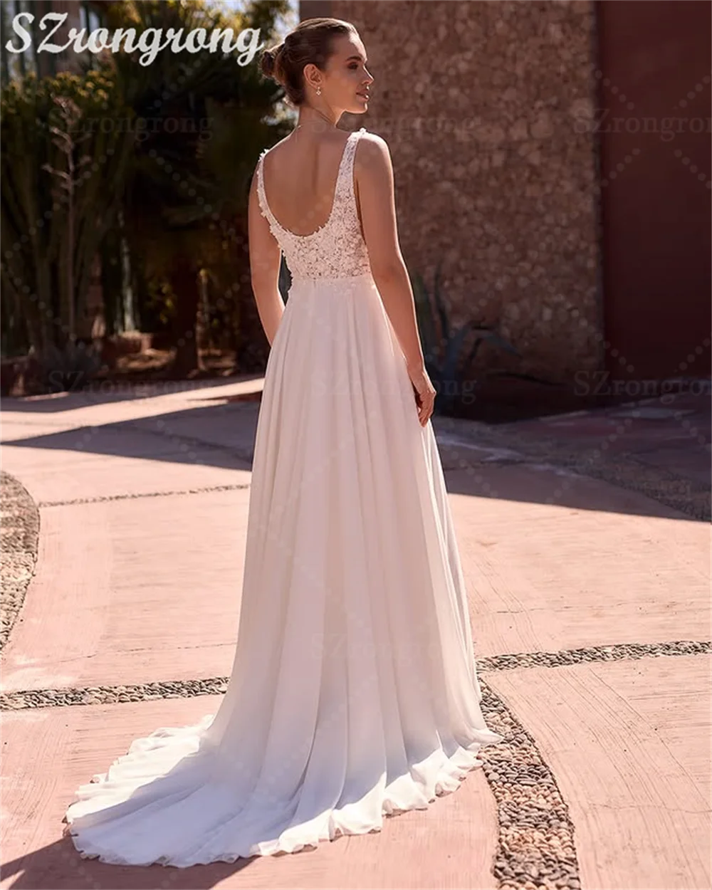 Bohemaid Square Collar Chiffon Draped A-line Wedding Dress Backless Side Slit Long Bridal Dress with Train Custom Made