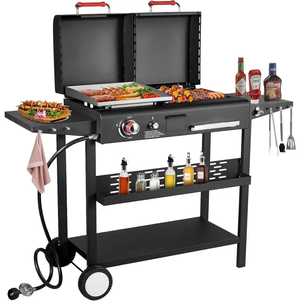 

Dual Fuel Outdoor BBQ Grill with Flat Top Griddle and Charcoal, Dual Lids & Side Shelves